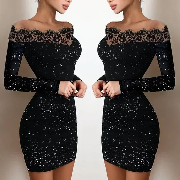 2024 New Spring Women's Elegant Sexy Long-sleeved Lace Edge One-line Shoulder Sprinkle Silver Powder Dress