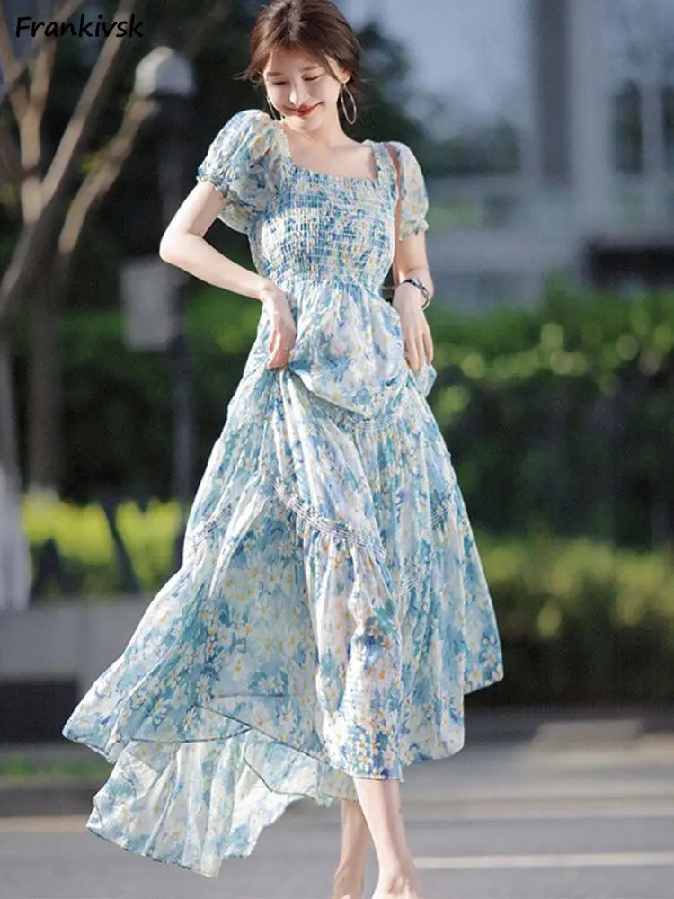 

Dresses Women French Style Gentle Floral Mori Girl Fairycore Square Collar All-match Hotsweet Popular Midi College Daily