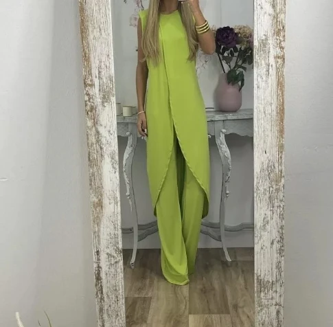 Casual Three Piece Set for Women 2024 Spring Sleeveless Round Neck Irregular Pullover Loose Long High Waist Pants Suit Outfits