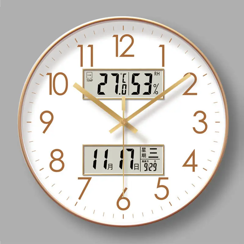 Wall Clock New Modern Design Wall Clock Temperature Digital Calendar Analog Silent Round Non-Ticking