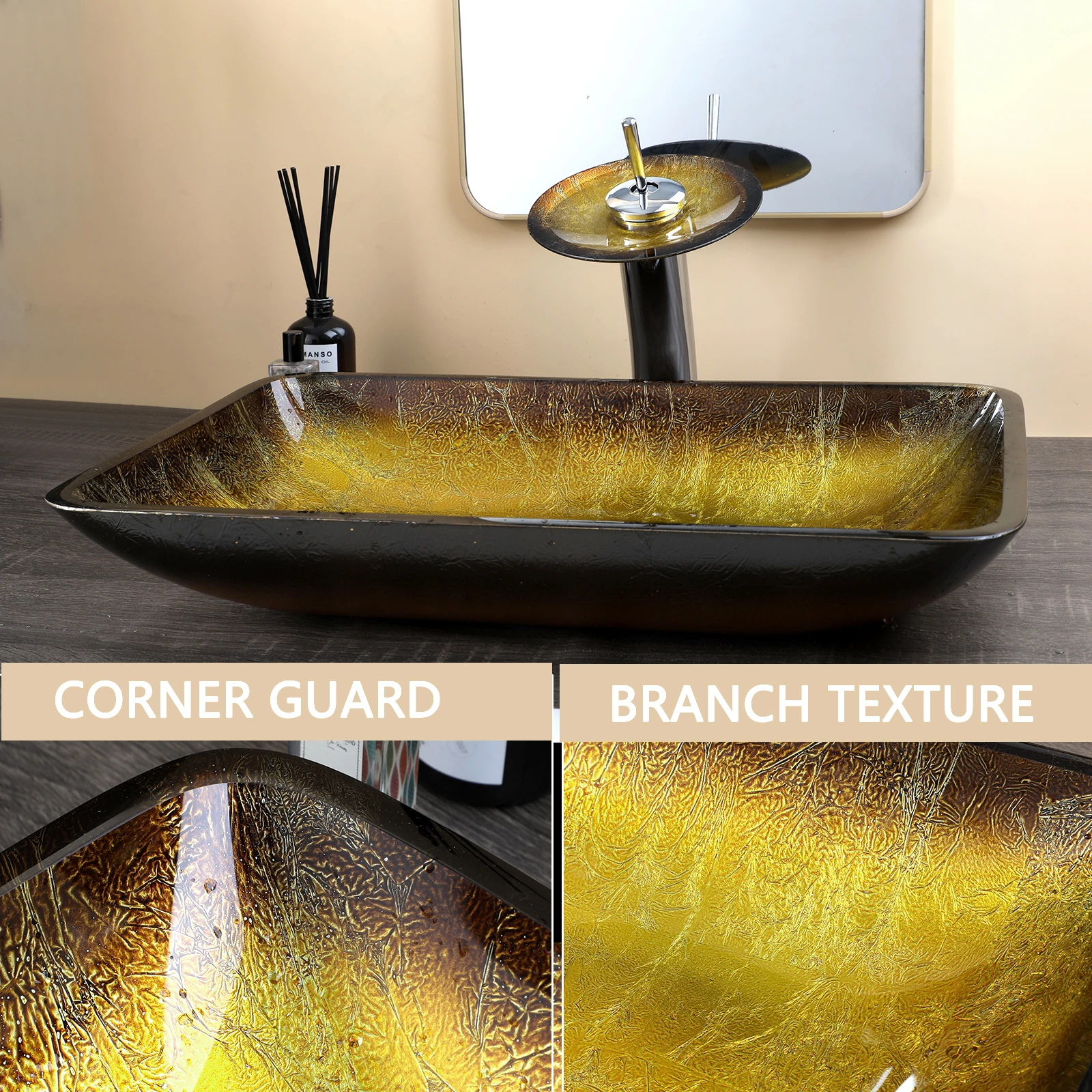 KEMAIDI Bathroom Vessel Sink Oval Glass Big Square Vessel Sink with Waterfall Faucet Mixer Bathroom Sink Above Counter Basin 2