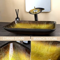 KEMAIDI Bathroom Vessel Sink Oval Glass Big Square Vessel Sink with Waterfall Faucet Mixer Bathroom Sink Above Counter Basin 2