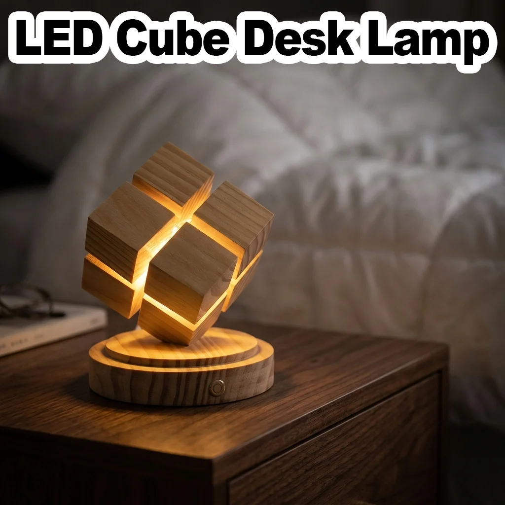 나무 LED 큐브 테이블 램프 디밍 가능 USB 침실 램프 부드러운 조명 독서용 침실 장식 현대적인 나무 조각 램프