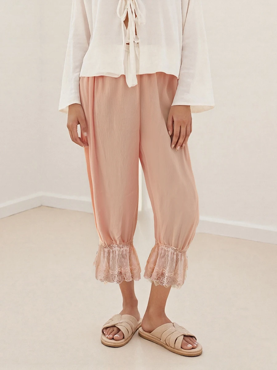 Women's Y2K Loose Fit Bloomers Cropped Pants Drawstring High Waist Floral Lace Patchwork Calf-Length Lantern Trousers