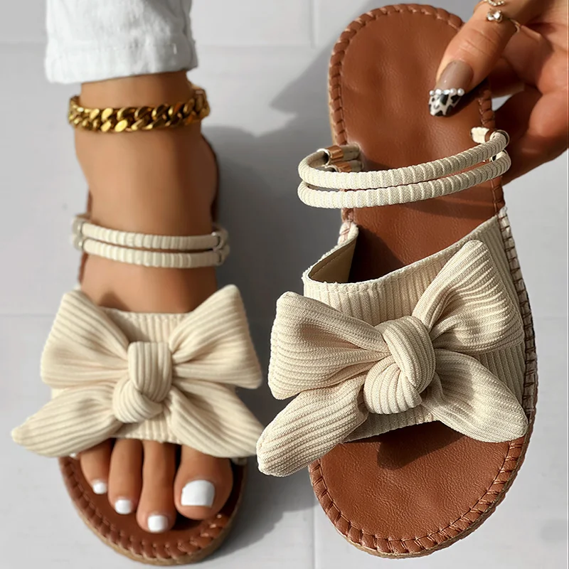 

Fashion Women Solid Color Flat Daily Wear Beach Holiday Slipper Bowknot Design Peep Toe Sandals