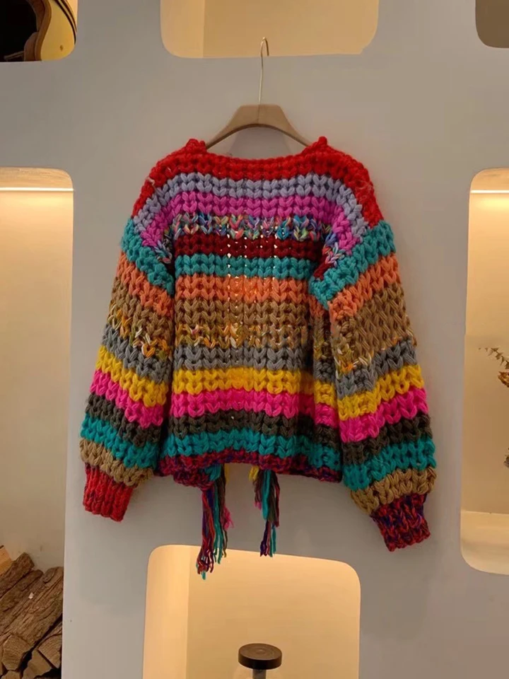 Rainbow Color Tassel Front Chunky Knit Cardigan 2025 Spring