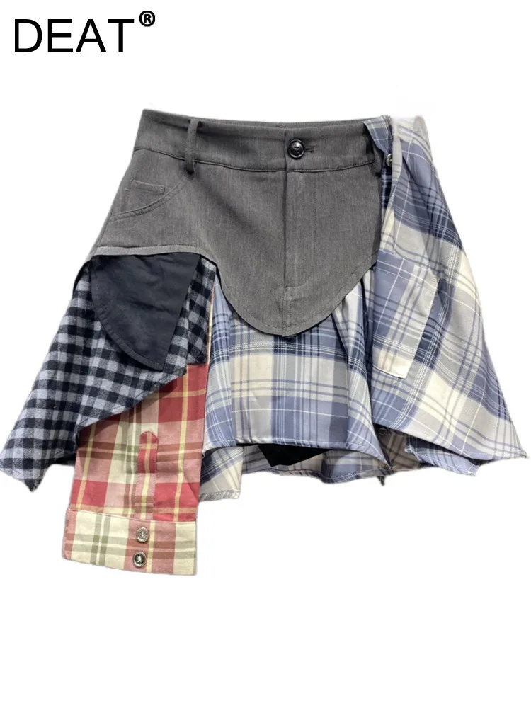 

DEAT Women Denim Skirts Patchwork Irregular Plaid Design A-line High Waist Grey Mini Suit Skirt 2024 Summer New Fashion 29L7558