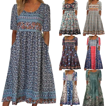 2025 summer new women's Bohemia loose fashion print round neck short sleeve long dress 1
