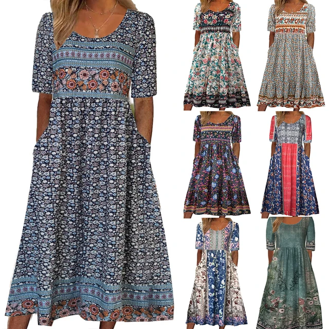 Bohemian Print Midi Dress – Loose Summer Day Dress