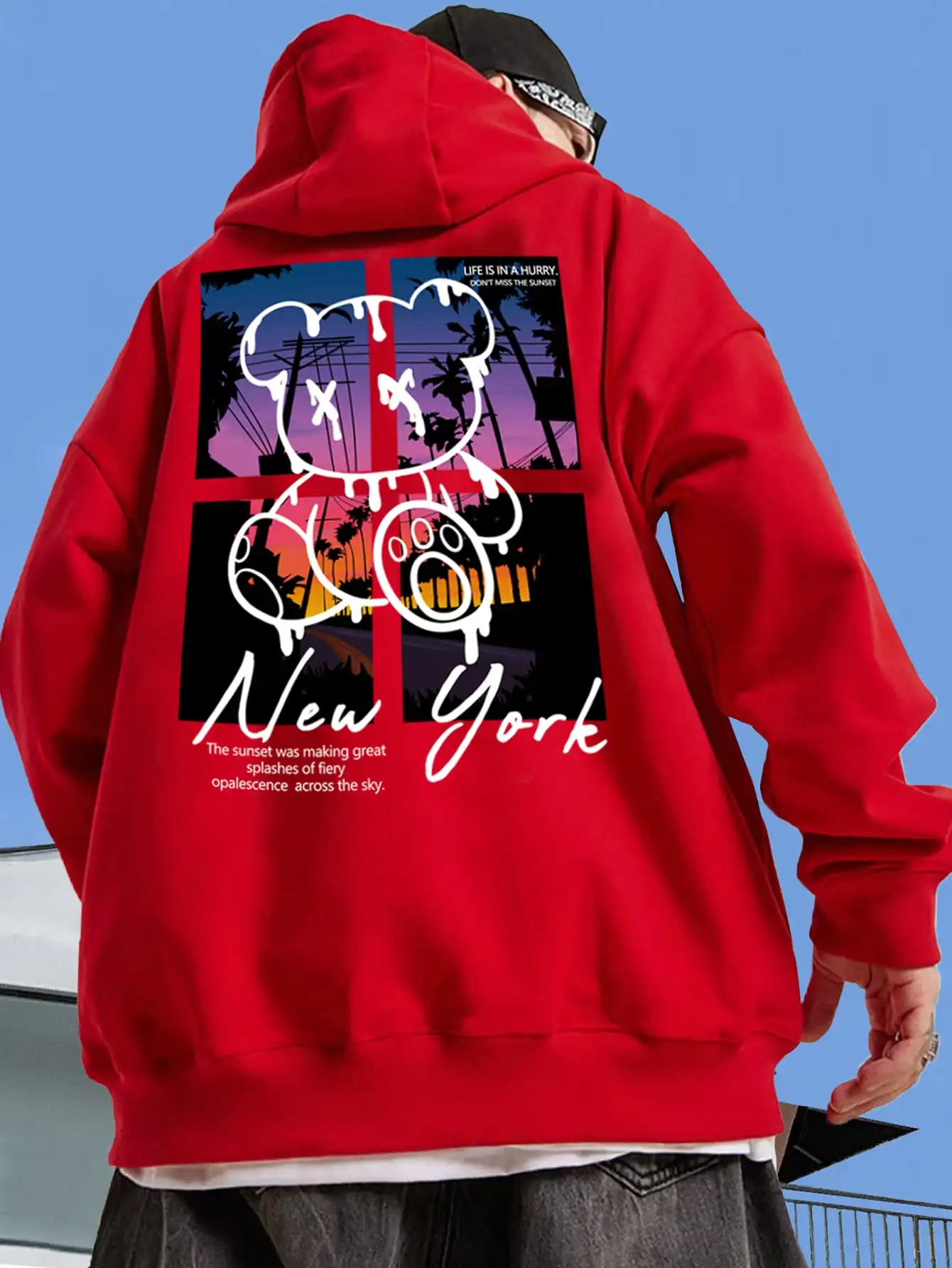 New York Art Word Cartoon Bear Sunset Scenery Design Male Clothing Hip Hop Street Hoodies All-Match Pocket Pullovers Men Hoody - Image 2