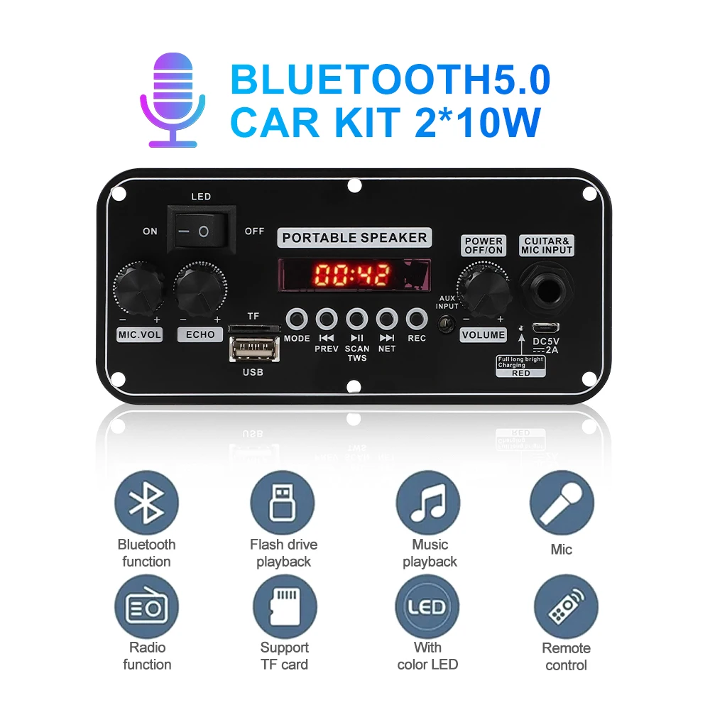 20W Amplifier Board Support Bluetooth AUX TF-Card U-Disk Microphone Input for Digital Class D Low Distortion Audio Sound DC 12V amplifier board