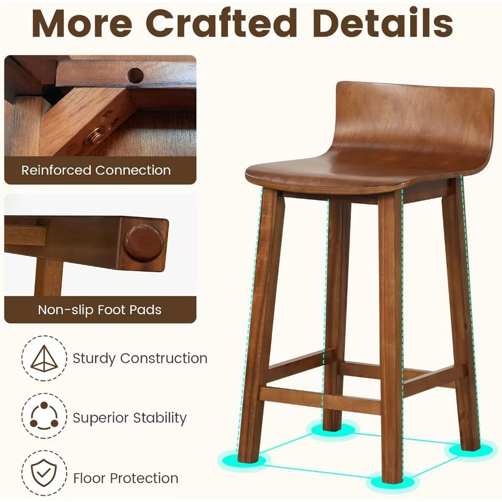 24.5" Bar Stools, Counter Height Bar Stools w/Low Back & Footrest, Farmhouse Wooden Dining Chairs