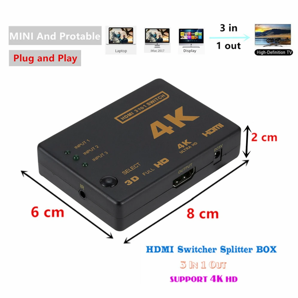 3x1 HDMI 호환 스위치 분배기, 3 입력 1 출력 4K HDMI 스위처 어댑터 Xbox DVD HDTV PC 노트북용 3 포트 HDMI 케이블 허브