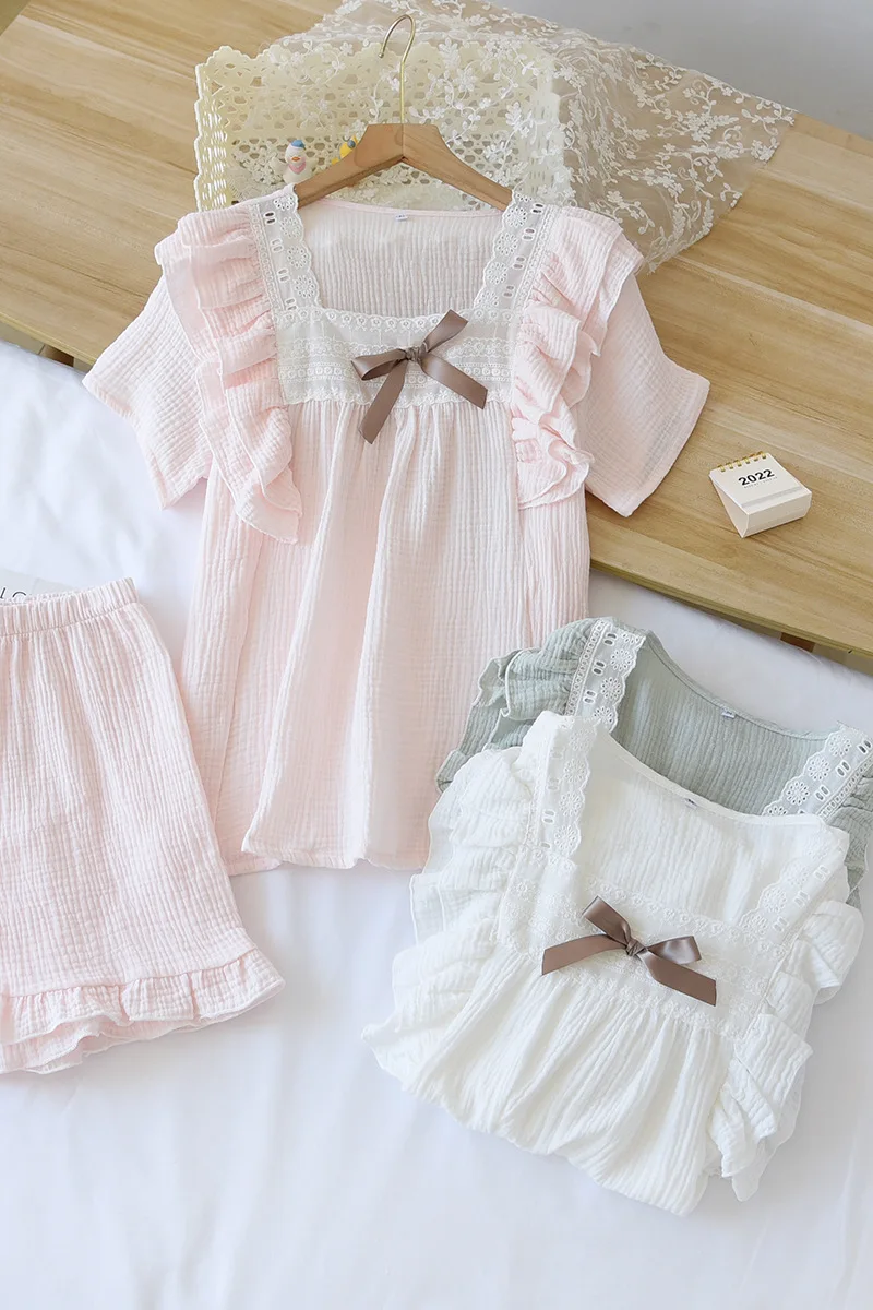 Japanese summer new short-sleeved shorts ladies pajamas set 100% cotton crepe solid color fresh home clothes two-piece set