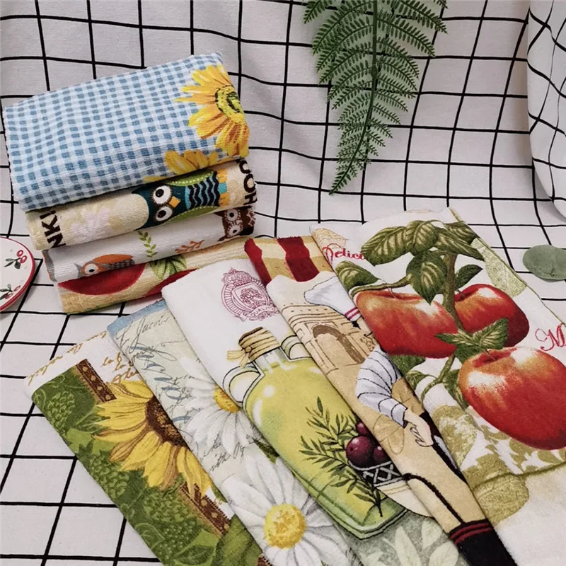 Tea Towel 1Pc 38x63cm Colorful Flower Printed Cotton Kitchen Dishcloth Water Absorption Household Cleaning Cloth