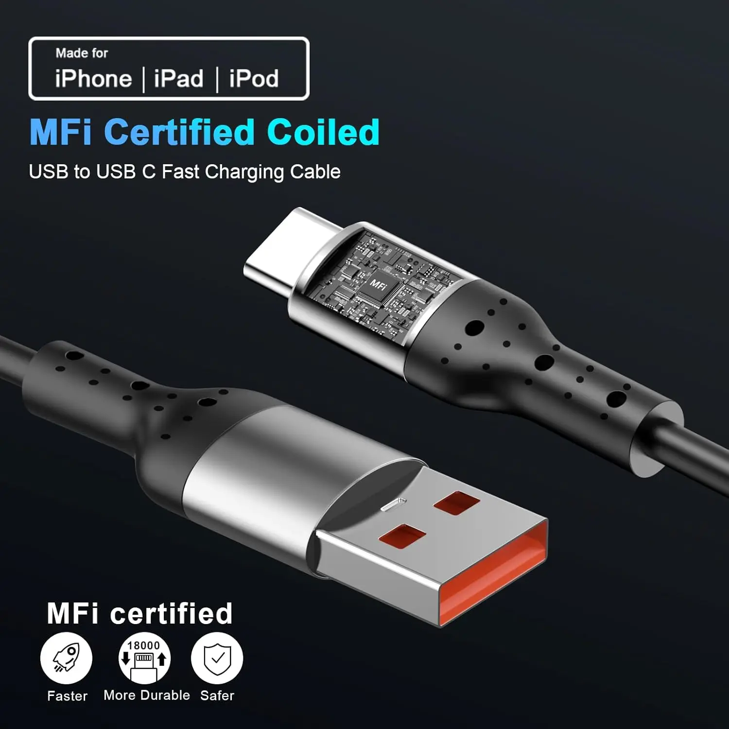 아이폰 16/16 Plus/16 Pro/16 Pro용 스파이럴 CarPlay 케이블 2팩, 차량용 CarPlay USB to USB-C 스파이럴 케이블