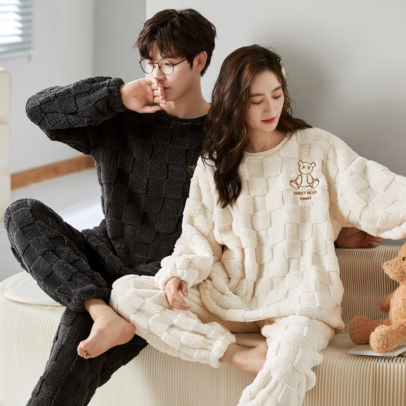 Winter and Autumn Couple Pijamas Set For Men Women Coral Fleece O Neck Homewear Man Pjs Female Pijamas Suit Pyjamas Home Clothes