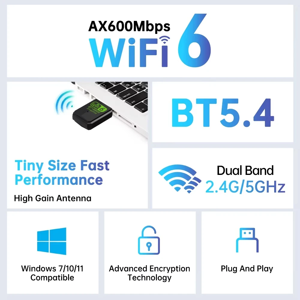 AX600 Bluetooth 5.4 USB WiFi 6 어댑터 2in1 동글 듀얼 밴드 2.4G 및 5GHz 네트워크 카드 Windows 10/11 용 무선 수신기