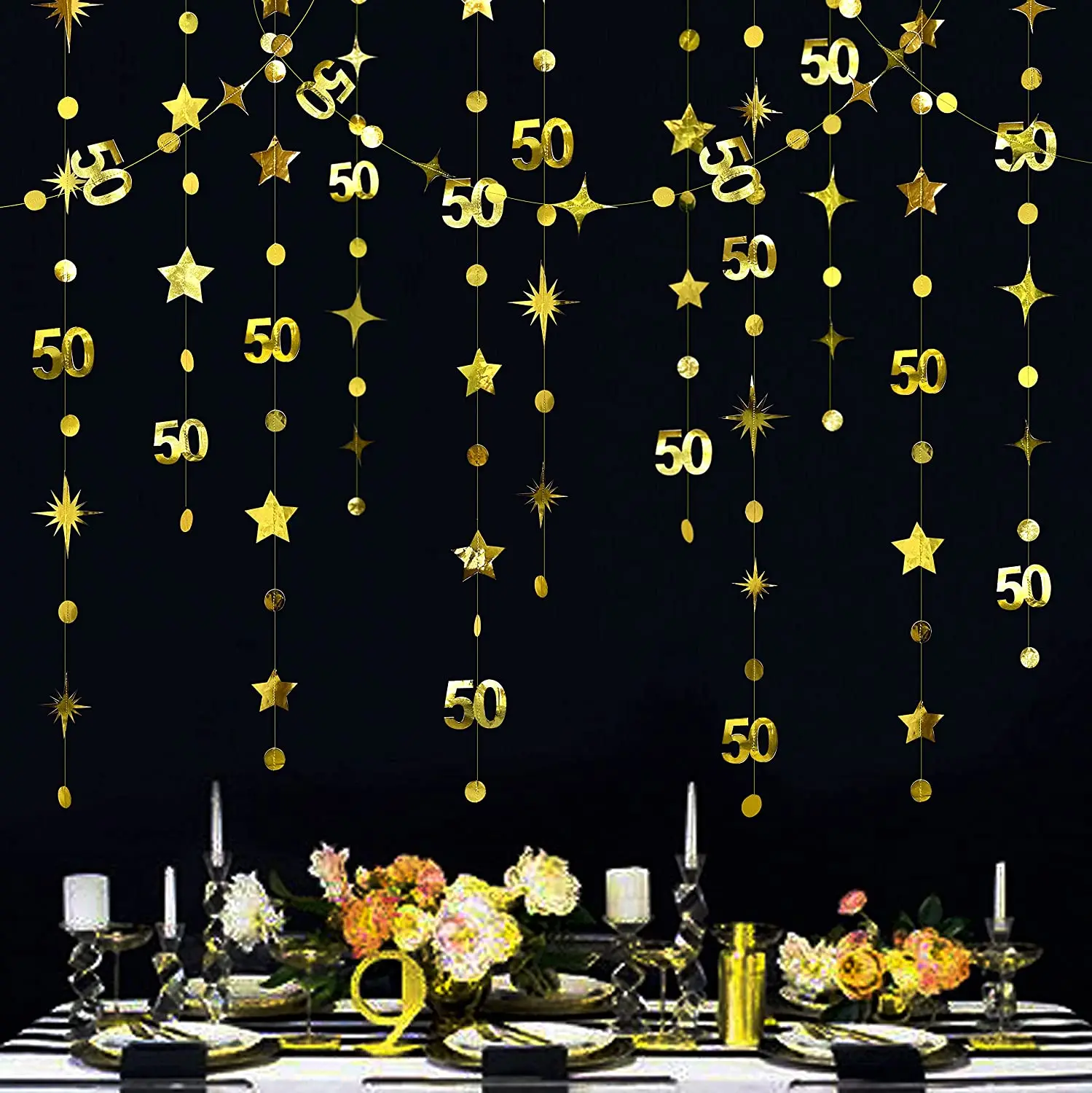 Oro 50 ° Buon Compleanno Banner Decorazioni Numero 50 Cerchio Dot Scintillio Stella Ghirlanda Carta Metallica Appesi Fondali Streamer