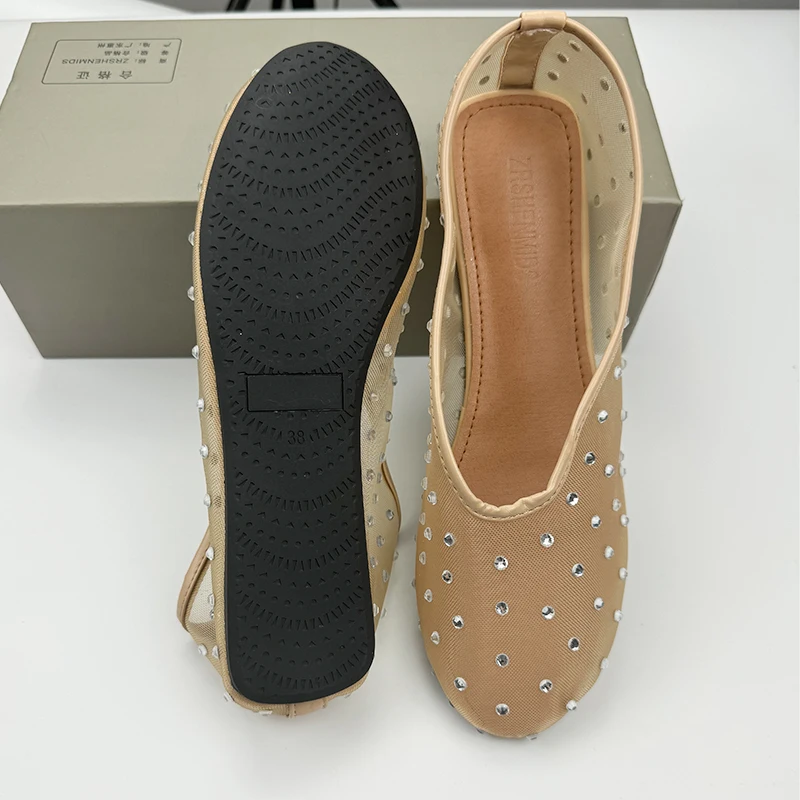 Crystal Studded Women Ballet Flats Mesh Dance Flat Shoes Casual Driving Walking Loafers Espadrilles Ladies Slip-on Lazy Shoes