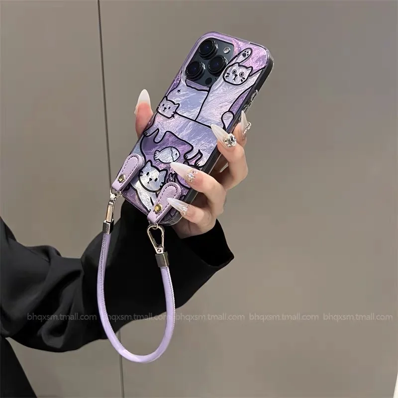 Violet Lazy Cat Dazzle Lustre Lining Phone Case with Lanyard