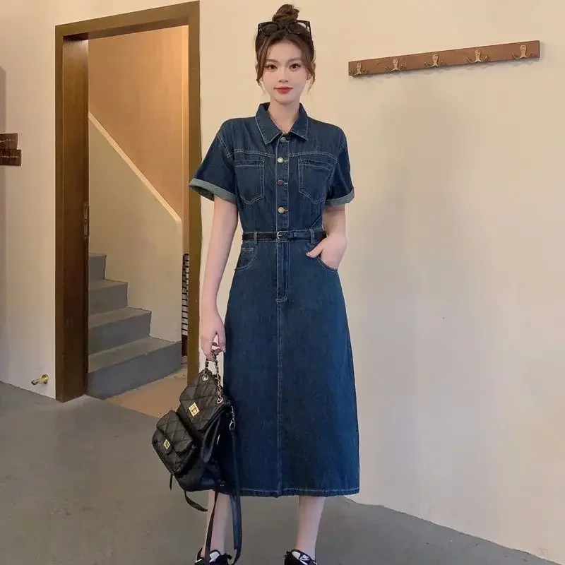 

Autumn Loose Women's Denim Dress 2023 Summer Korean Long Sleeve Waist Fit Plus Size Midi Dress Spring One Piece Dress Korean