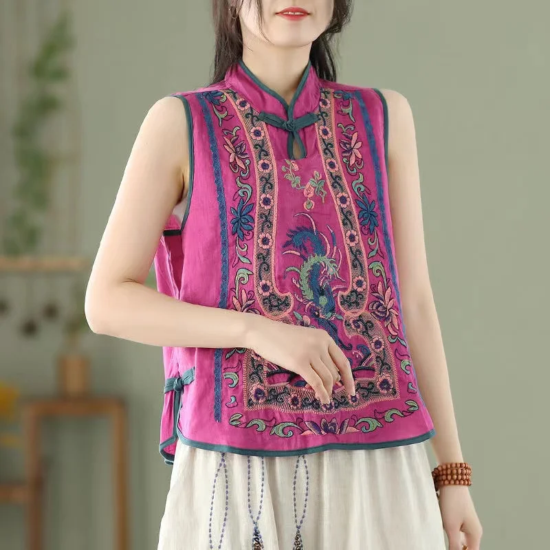 Retro Embroidery Cotton Linen Chinese Traditional Women's Vest Chinese Style Pullover Ladies Summer Exquisite Stand Collar Top Women Chinese Shirt Women Cheongsam Waistcoat