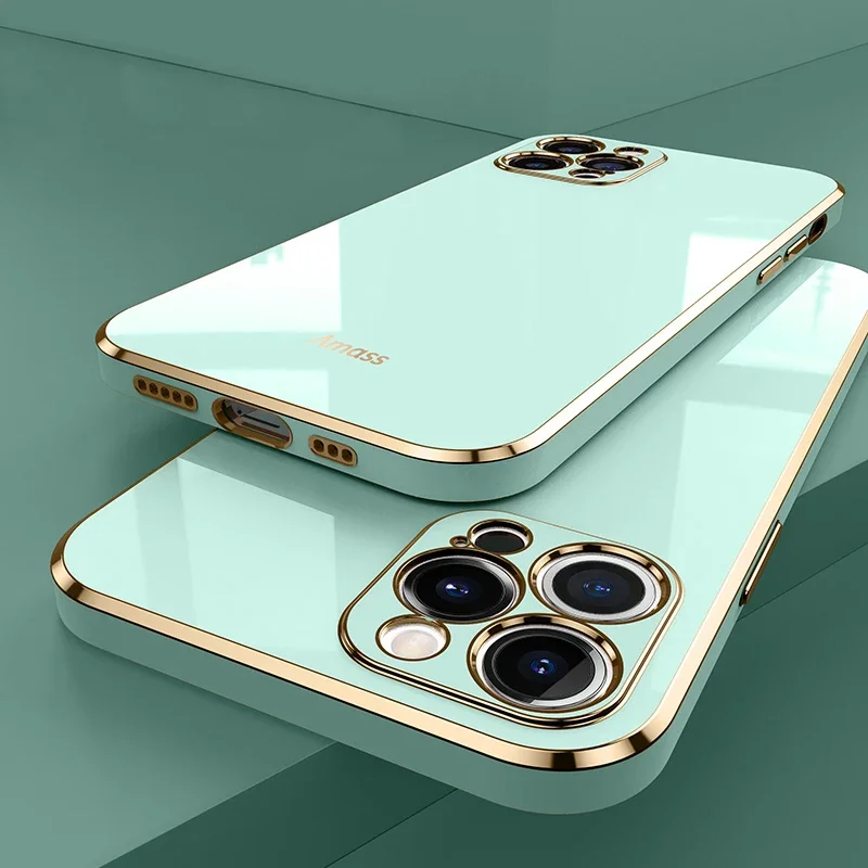 thumbnail image 1 of Luxury Square Silicone Plating Phone Case For IPhone 14 11 12 13 15 Pro Max Mini Plus XR X XS Max Solid Color Soft Cover Coque, 1 of 5