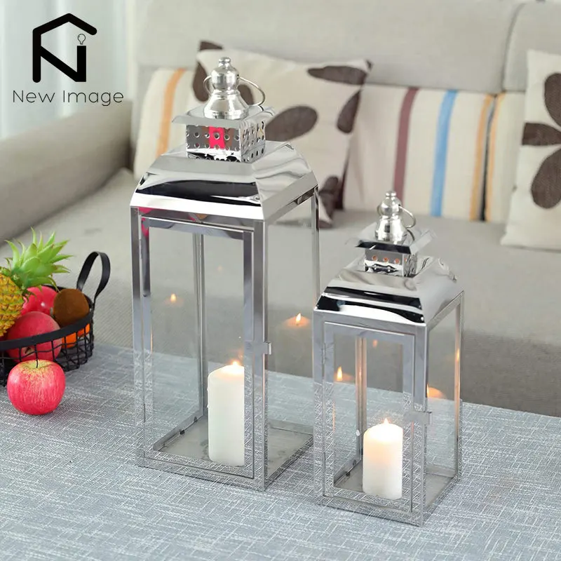 2pcs/set Stainless Steel Candle Holder Vintage Silver Metal Candle Holders Lantern With Handle