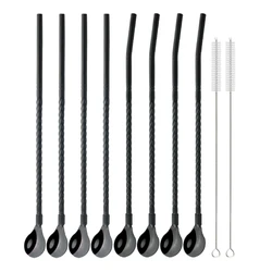 Premium Reusable Stainless Steel Straw Spoon Set - Eco-Friendly Drinking Accessories with Cleaning Brush (Black)