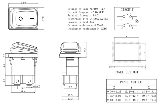 Interruttore A Bilanciere Illuminato Rosso - 6A/250V, 4 Pin, Per Montaggio A Incasso 19x13 Mm