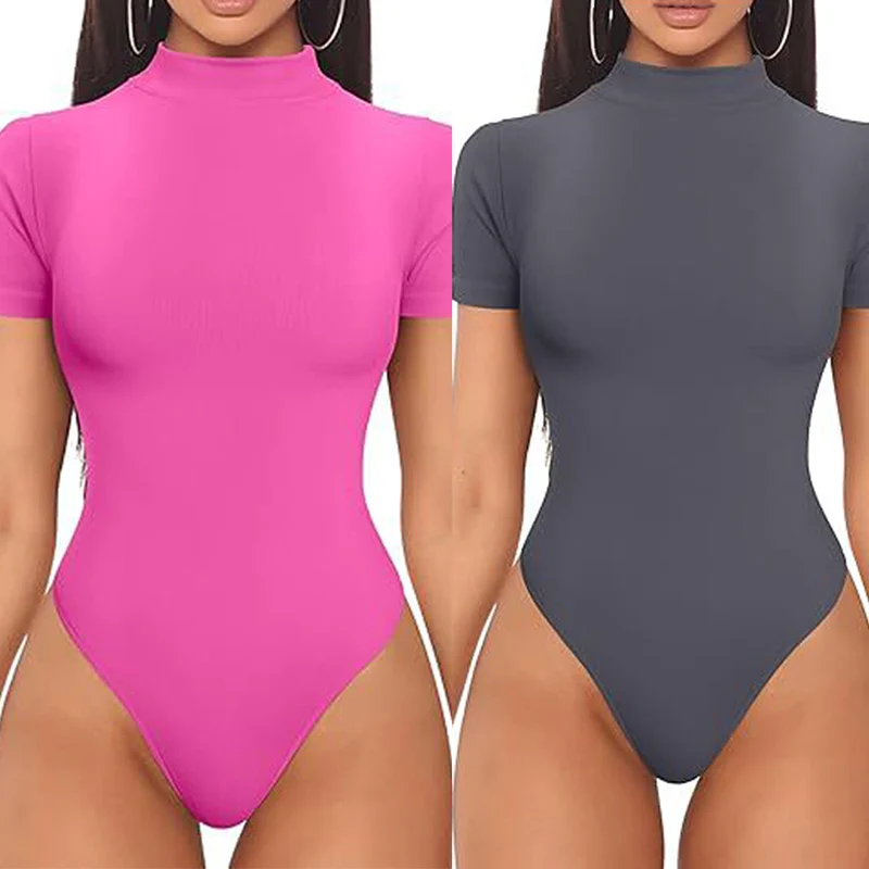 Women Summer Short Sleeve Turtleneck Bodysuit