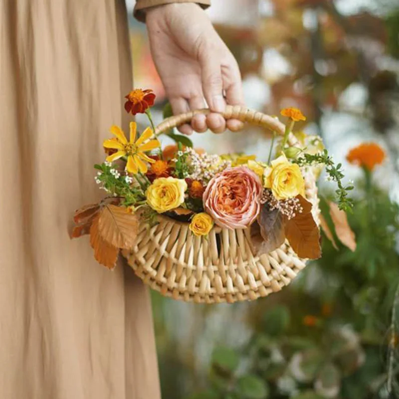

Flower Arrangement Basket Half Moon Wicker Basket Woven Basket With Handle Wedding Flower Decor Baskets Sturdy Picnic Basket