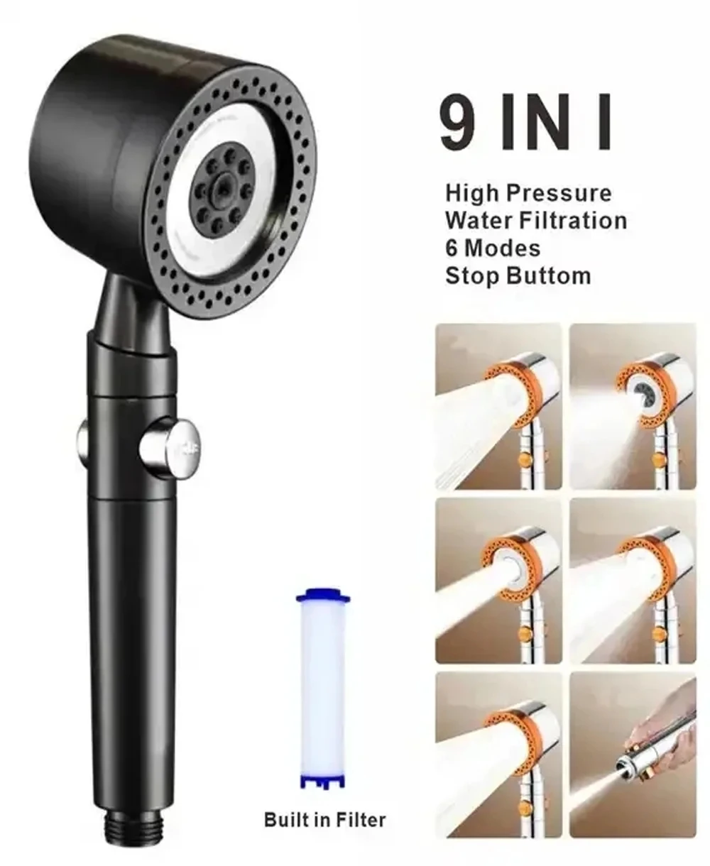 9 IN 1 High Pressure Shower Head With Filter 6 Modes Large Flow Water Saving Massage Portable Shower Faucet Bathroom Accessories