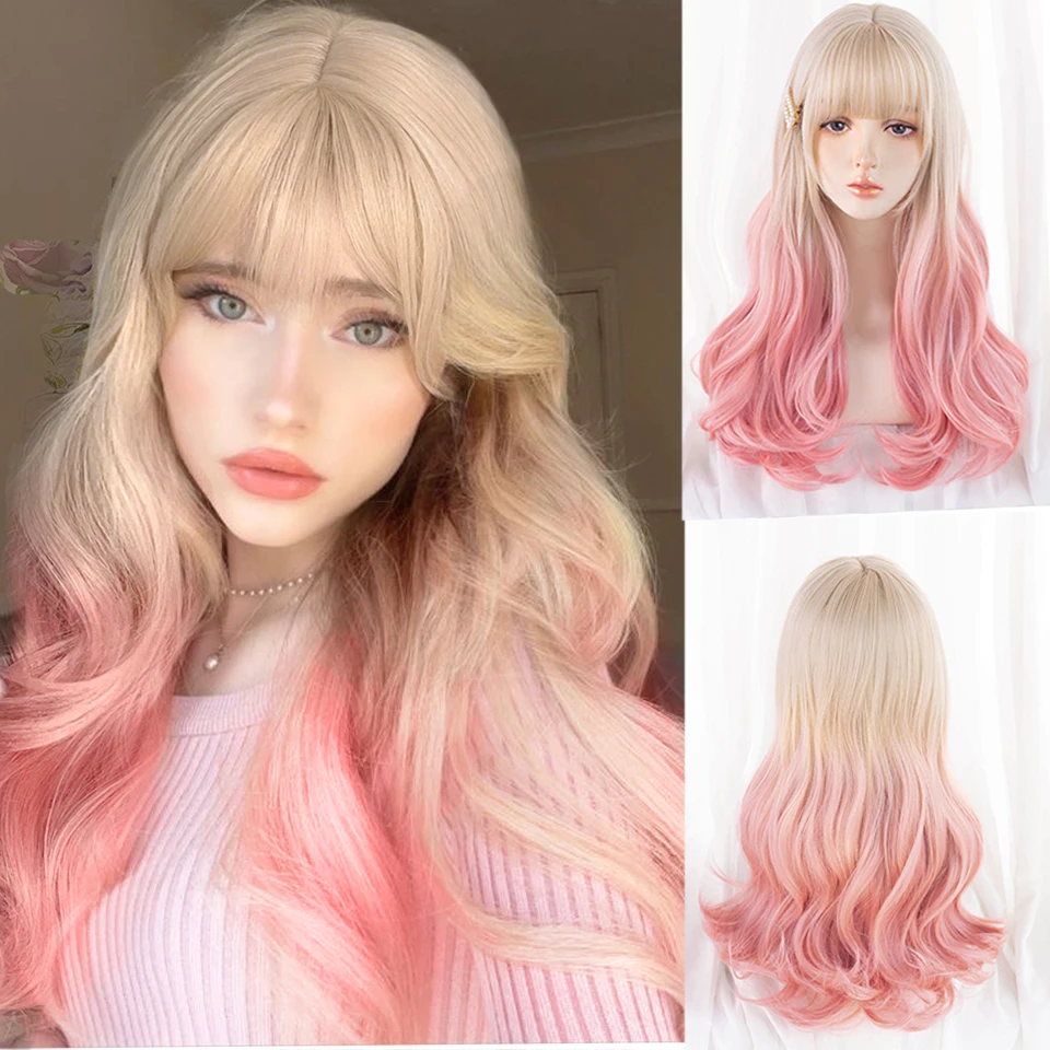 

HOUYAN synthesis Long wavy curly girl blonde gradient pink Lolita cosplay curly bangs wig bangs wig party wig