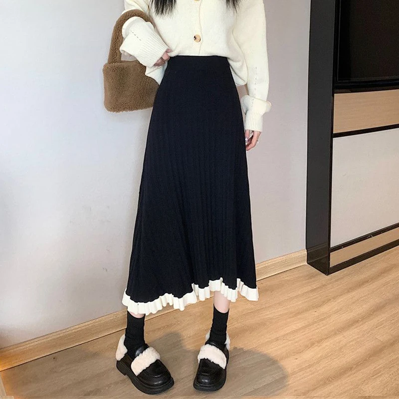 

Lucyever Women Knitted Skirts Autumn Winter New 2023 High Waisted Long Skirt Woman Y2K Ruffles Spliced Pleated Skirts Female
