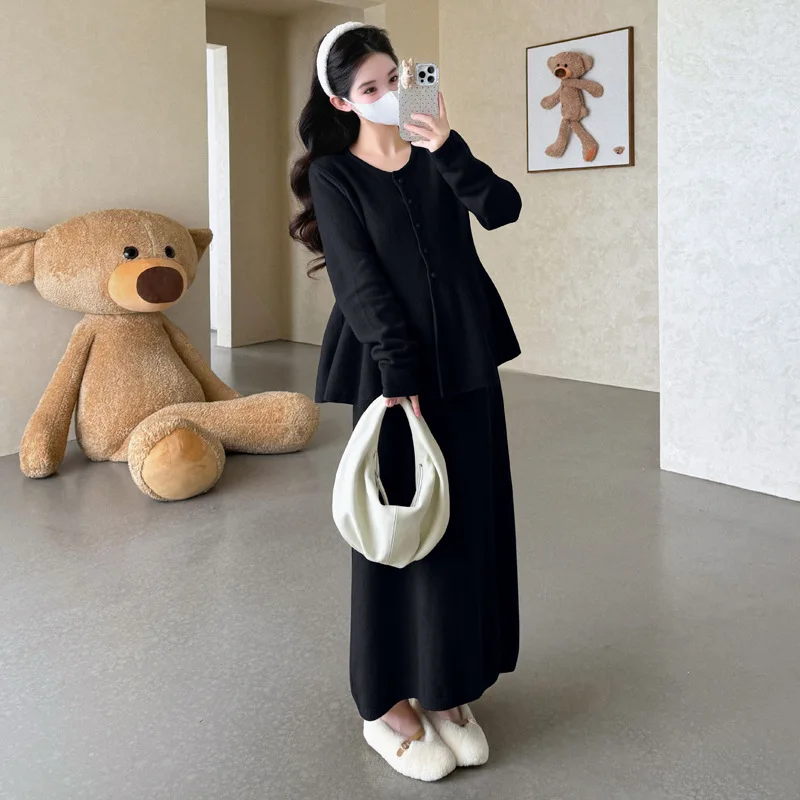 출산복 가을 겨울 빈티지 우아하고 부드러운 루즈핏 편안한 스웨터와 미디 스커트 투피스 세트 (임산부용)