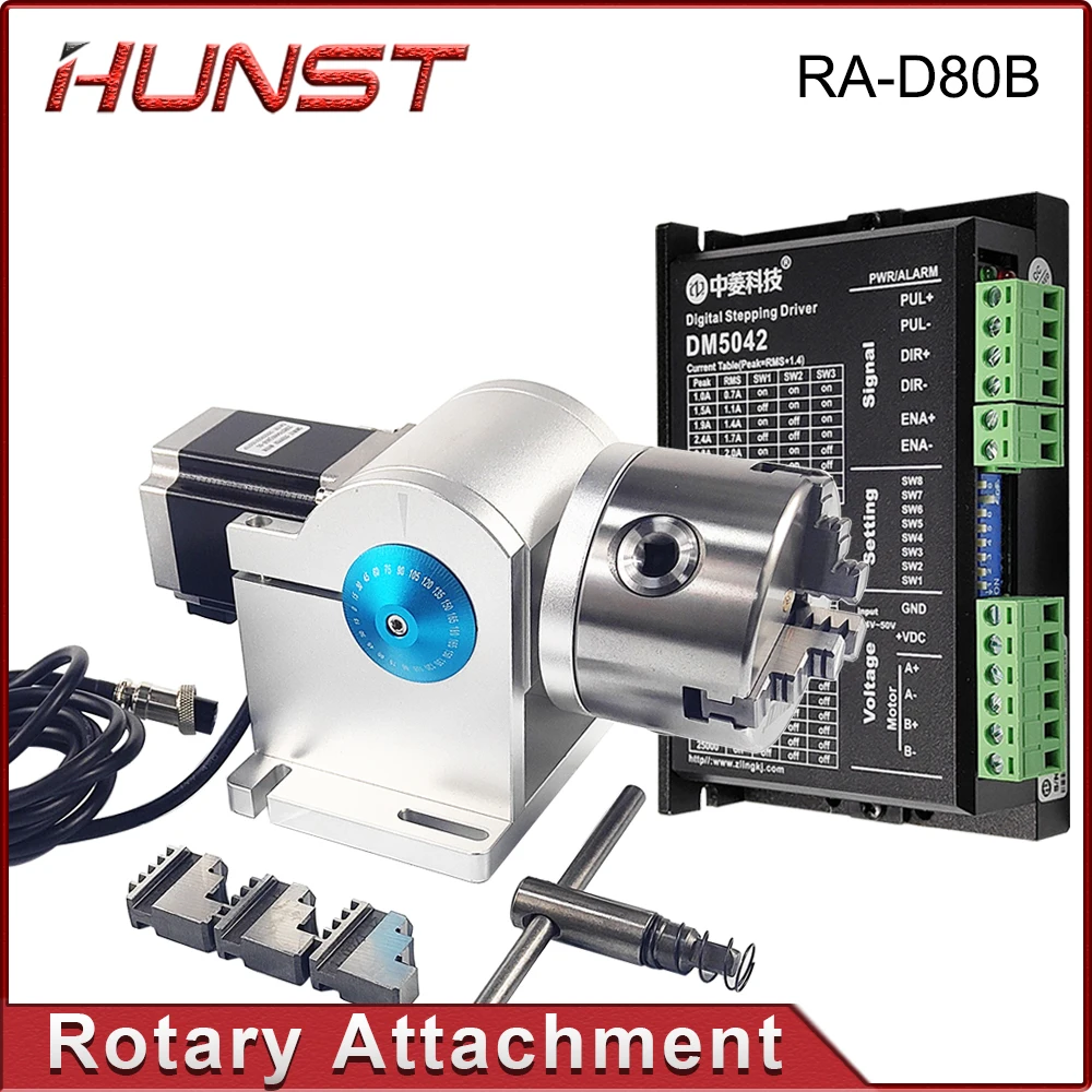 

Hunst Rotary Attachment Diameter 80mm Rotary Device with Three Chuck +DM5042 Driver for UV CO2 & Fiber Laser Marking Machine