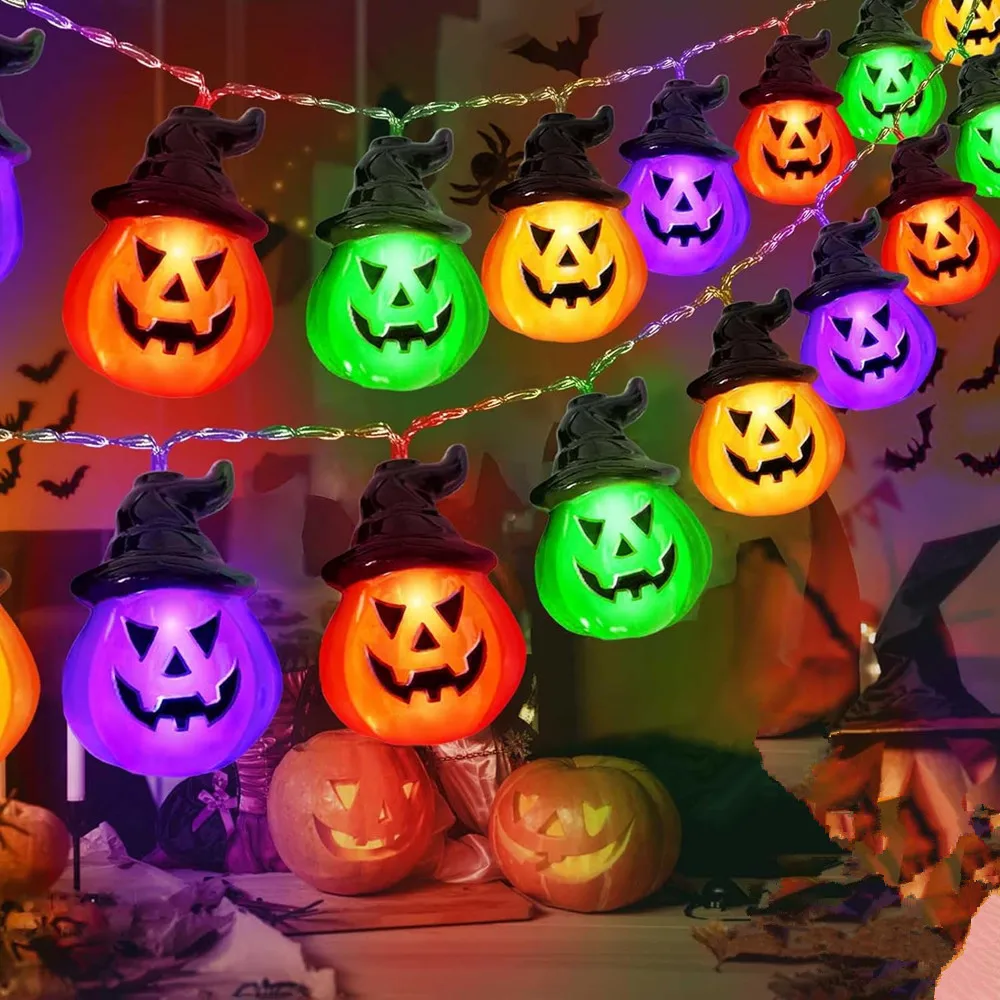 Guirlande Lumineuse Halloween 6 Mètres Avec 20 Citrouilles LED Orange - Alimentation Par Piles, Modes Continu Et Clignotant