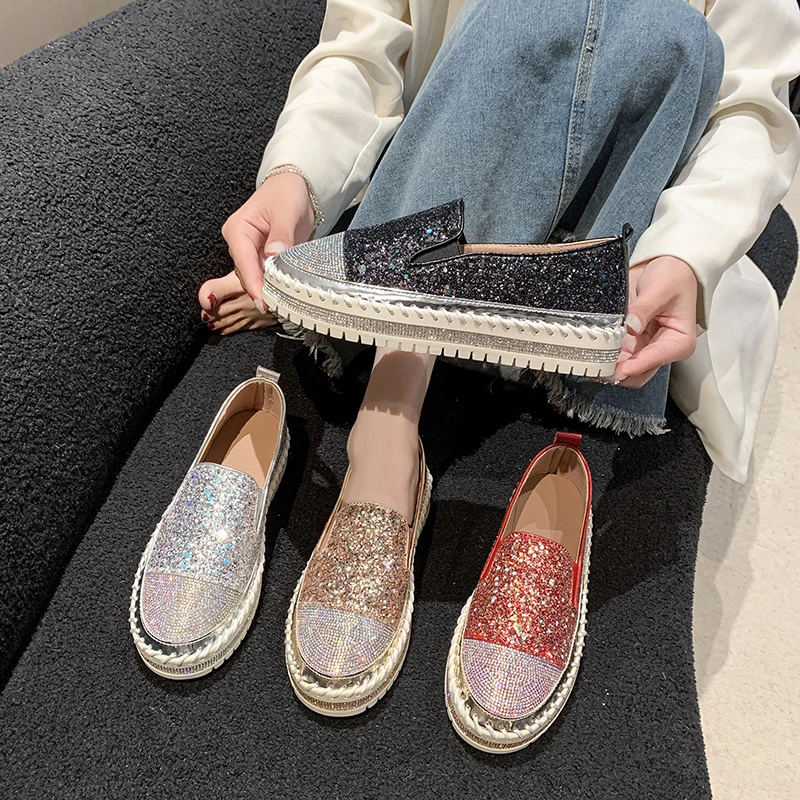 Aphixta 3cm Platform Crystals Round Toe Leather Flats Shoes Women Silver Bling Loafers Shoes Woman Flat With Students Size 43
