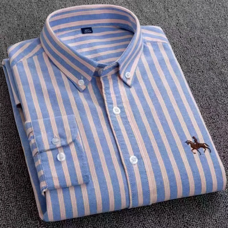 

Logo Business Mens Casual Shirts 100% Cotton Quality Long Sleeve Solid Striped Man's Clothing without Chest Pocket Autumn
