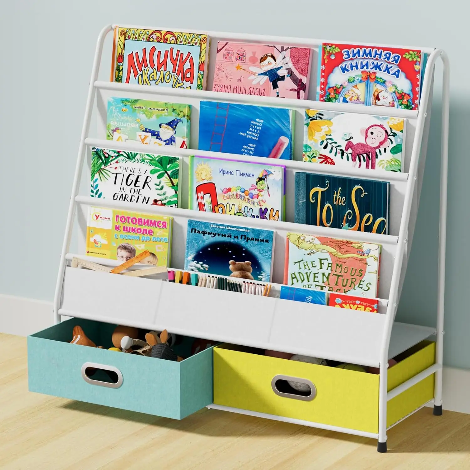 Kids Bookshelf 4 Tier Small Bookcase for Kids Room Metal Nursery Book Shelf Sling Book Shelf and Toy Storage for Children