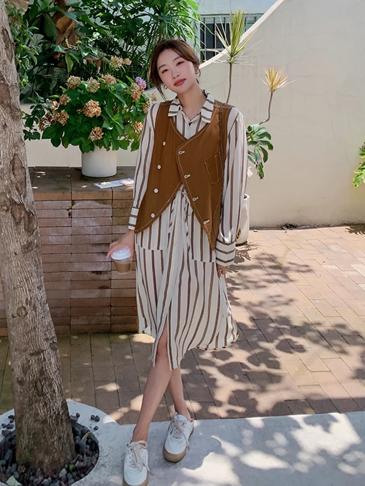 

Stripe Shirt Dress and Vest Two Piece Set 2022 Autumn Women Vintage Elegant Long Sleeve Loose Korean Style Dresses Spring 1829