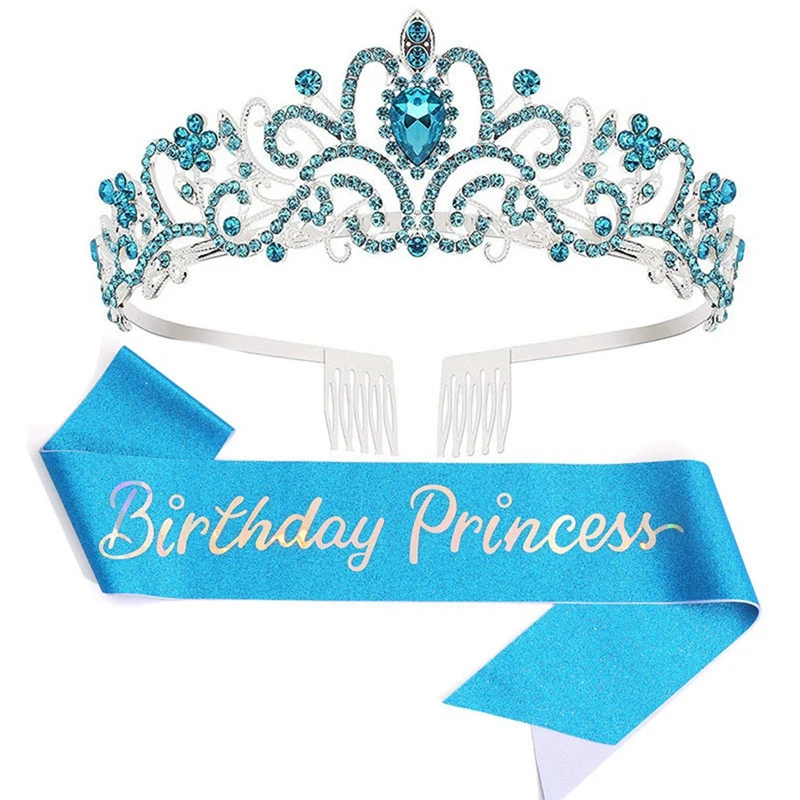 

New Birthday Girl Tiara Crown Princess Crown with Birthday Sash for Women Happy Birthday Party Supplies Blue