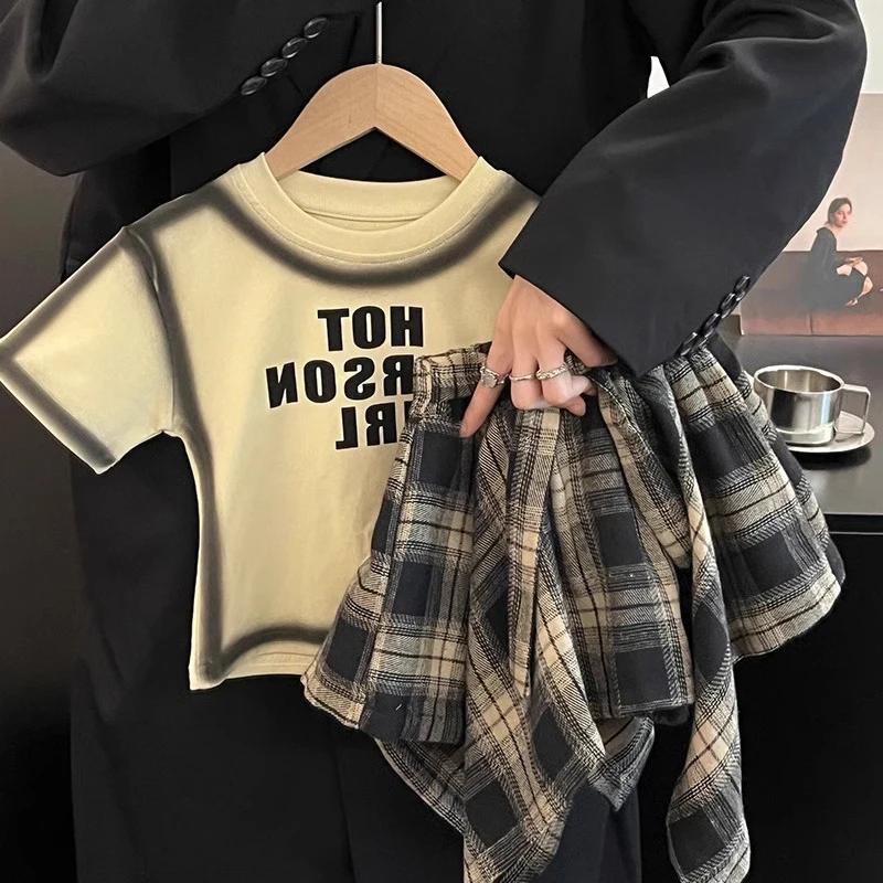 Summer Children's Clothing Girl Set Fashionable Letter Stroke Edge Short Sleeved T-Shirt+Street Style Irregular Plaid Half Skirt - Image 3