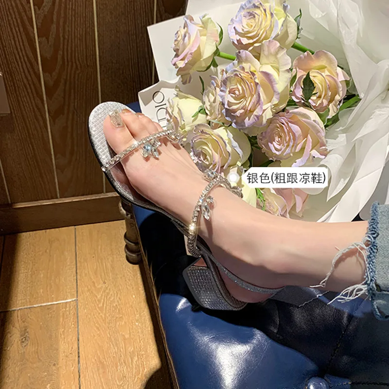 Sweetly Wearable Sandals with Water Diamonds, Summer New One Line Open Toe Flat Bottom Water Diamond High Heel Slippers