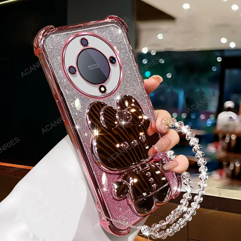 Plating Anti-Fall Silicone Case with Mirror Rabbit Stand and Clear Bead Chain