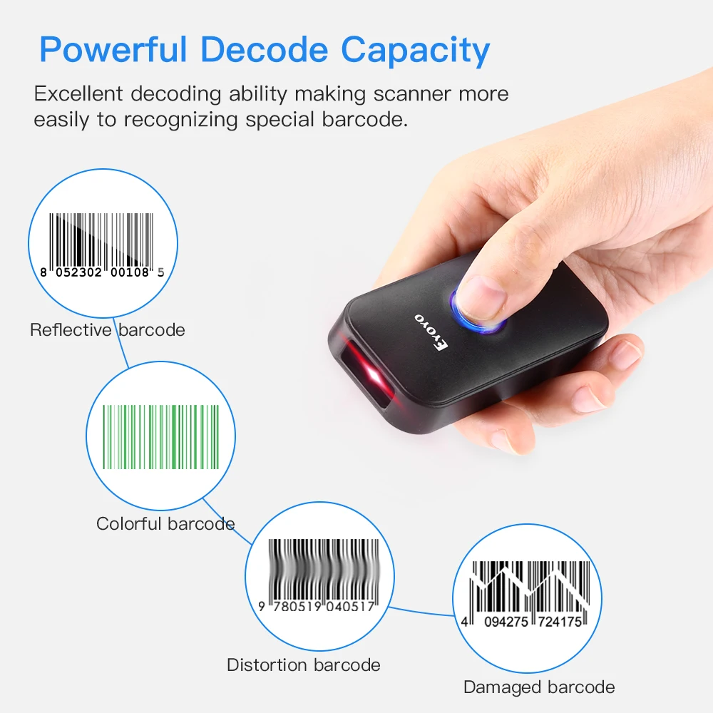 Eyoyo EY-009L Mini 1D Laser Bluetooth Barcode Scanner UPC/EAN/Codabar Code Reader. Support Hide/Add Prefix/Suffix Digits