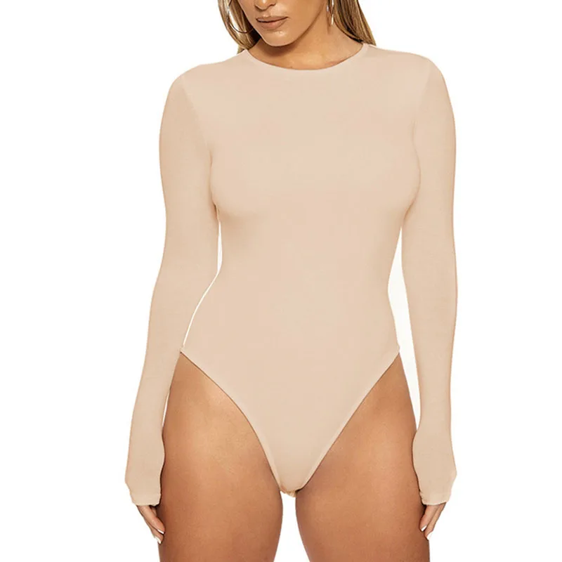 hotSlim Ladies Sexy Bodysuit Solid Fashion Skinny Bodycon Women Bodysuit Long Sleeveles O-Neck Casual Black Beige Female Bodysui