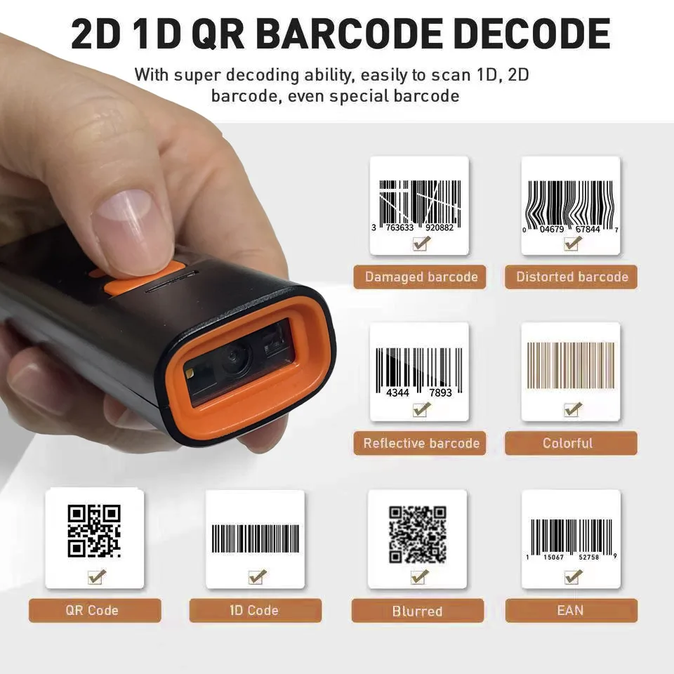 Bluetooth 2D Barcode Reader with Charge Base Support Mobile Phone iPad Wireless Barcode Scanner Mini 1D 2D QR Bar Code Reader